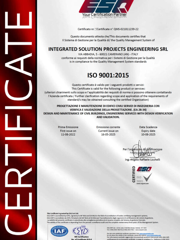 ISO9001 2015 INTEGRATED SOLUTION PROJECTS ENGINEERING SRL- QMS Certificate ampl scopo